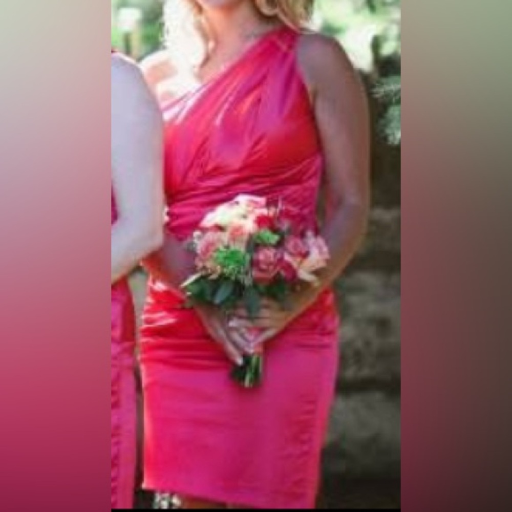 David's Bridal One Shoulder Stretch Satin Short Dress in Guava. Size 10.